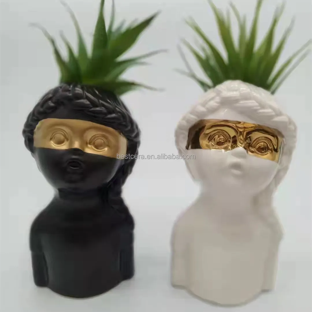 Home Decoration Creative Design Face Ceramic Flower Pot Wholesale Head Planter Pot Ceramic Succulent Planter with Drainage Hole 