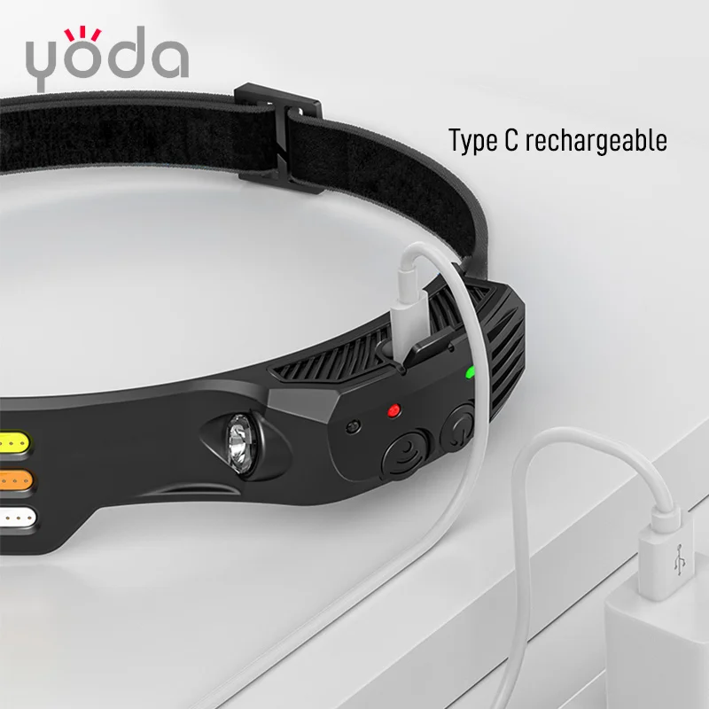 type c Rechargeable light weight white yellow red led silicon rubber soft band COB Headlamp with sensor induction