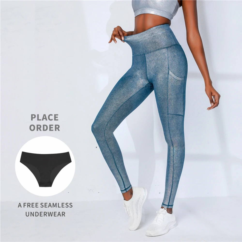 Wholesale high quality metallic yoga leggings with custom logo glossy shiny liquid yoga fitness tight pants with pockets