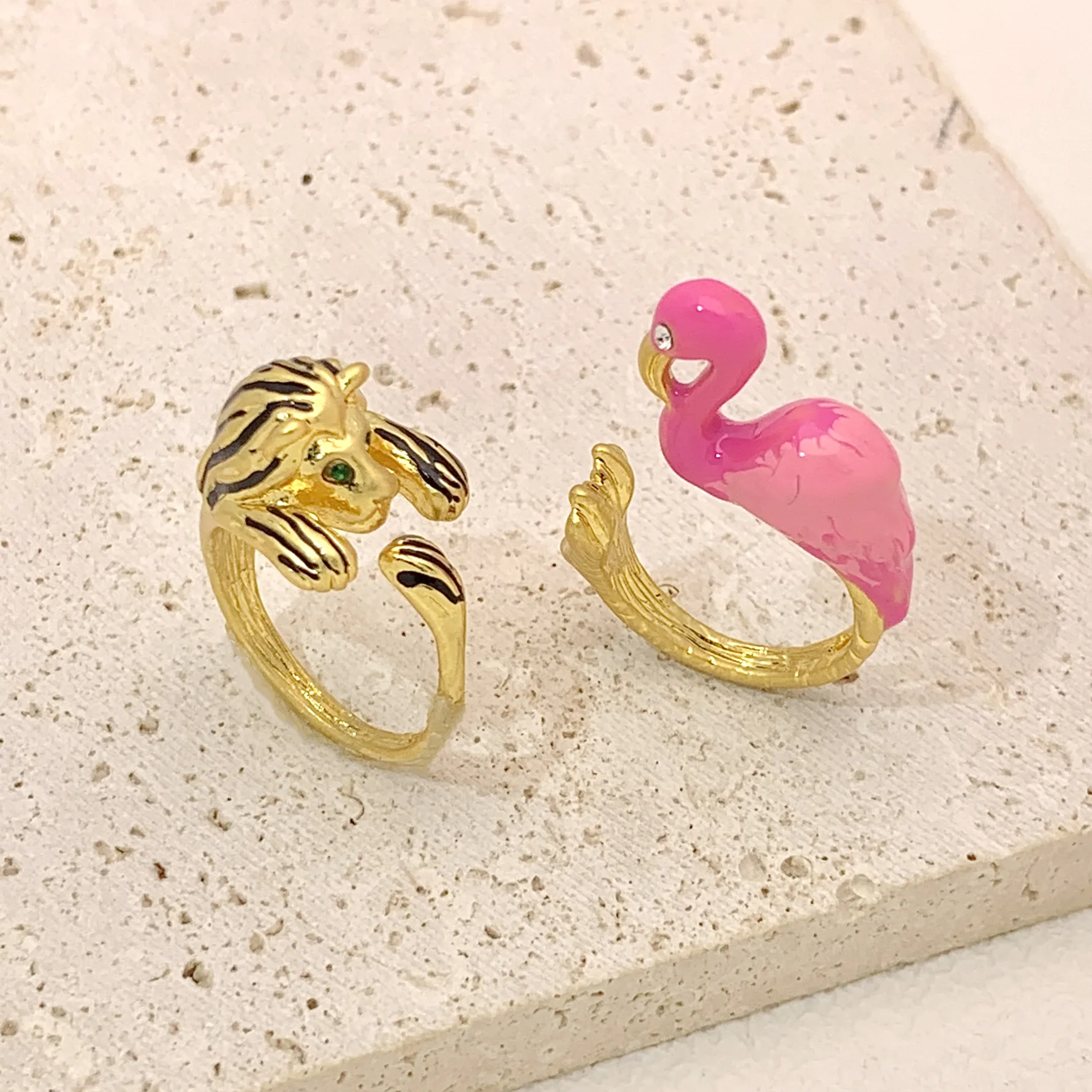 New Design Jewelry Funny Animal Open Enamel Finger Rings 18K Gold Plated Copper Oil Drip Lion Flamingo Rings