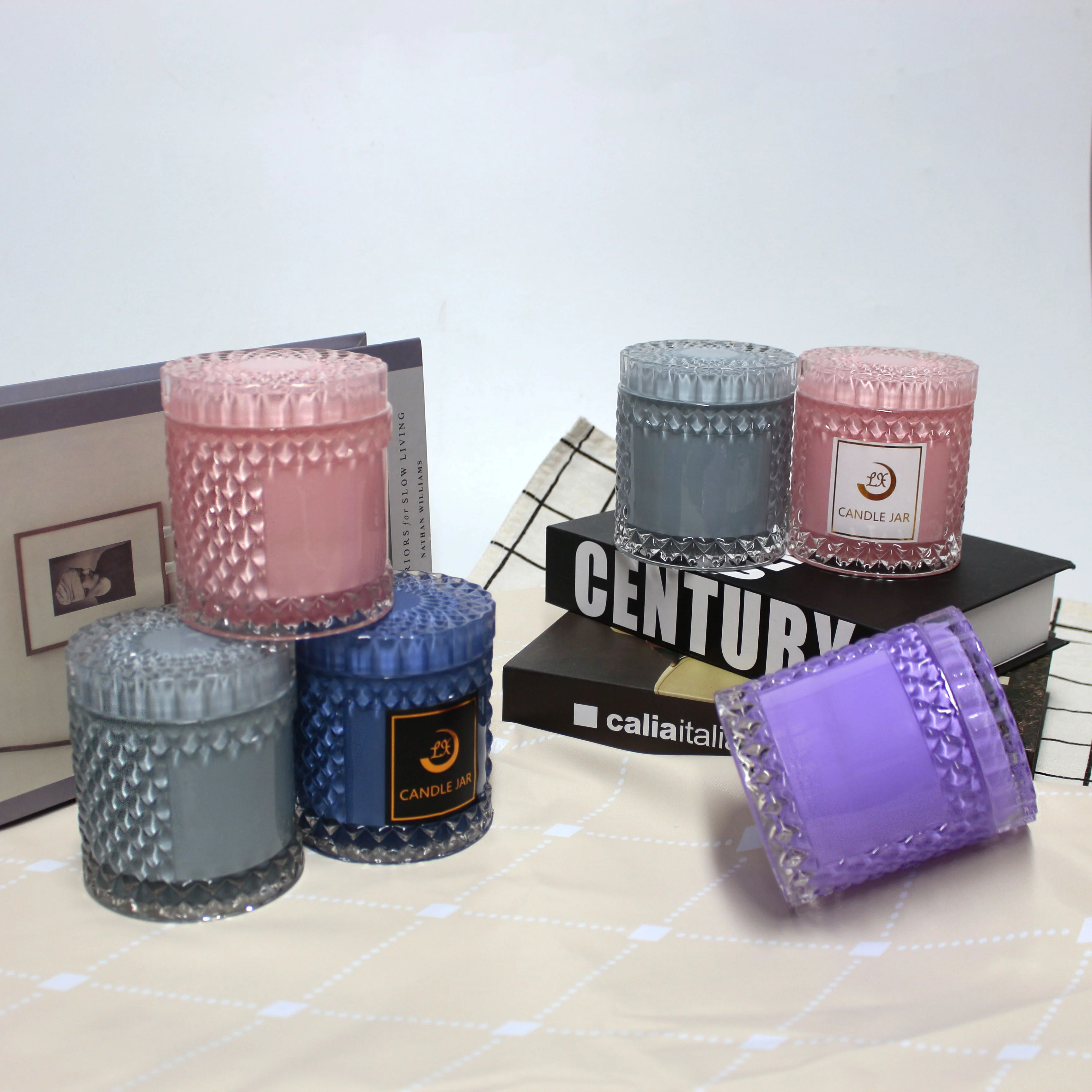 FengJun empty unique geo diamond customized Color embossed glass candle/candy jars with glass lid decorative candle holder