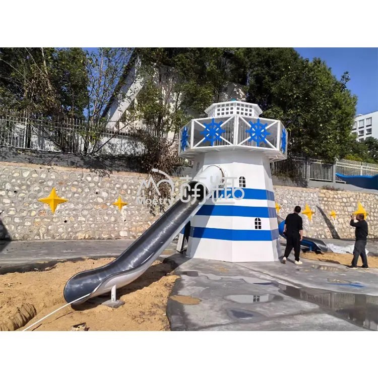 Moetry Wooden Lighthouse Tower Playground with Metal Slide Commercial Outdoor Play Equipment for Urban Park Beach Theme Parque