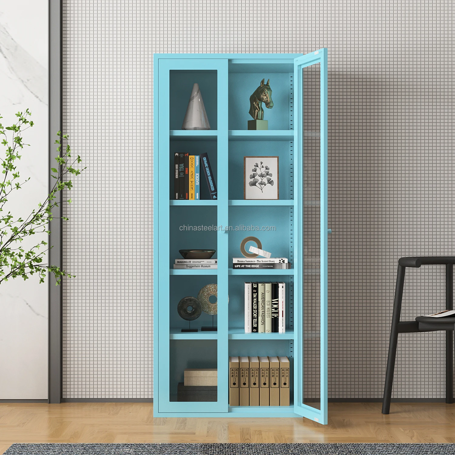2 Swing Door Steel Storage CabinetH1700*W700*D350 with Glass Door Corner Steel Modern Floor Standing bookcase Office Furniture
