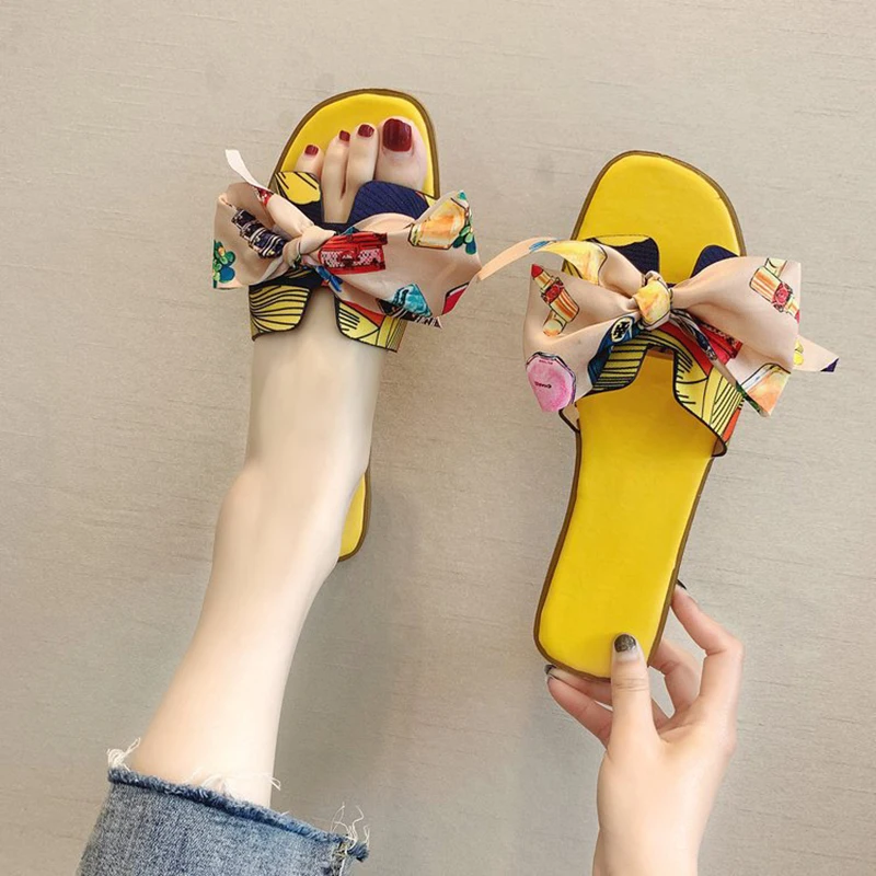 Designer Trendy Bowknot print upper Sandals rubber sole Southeast Asian style outdoor Women Slippers ladies flats shoes