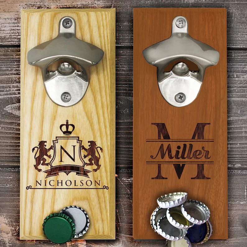 Factory Wholesale Handmade Cap Catcher Bottle Personalise Magnetic Engraved Gifts Wall Mount Wooden Beer Opener