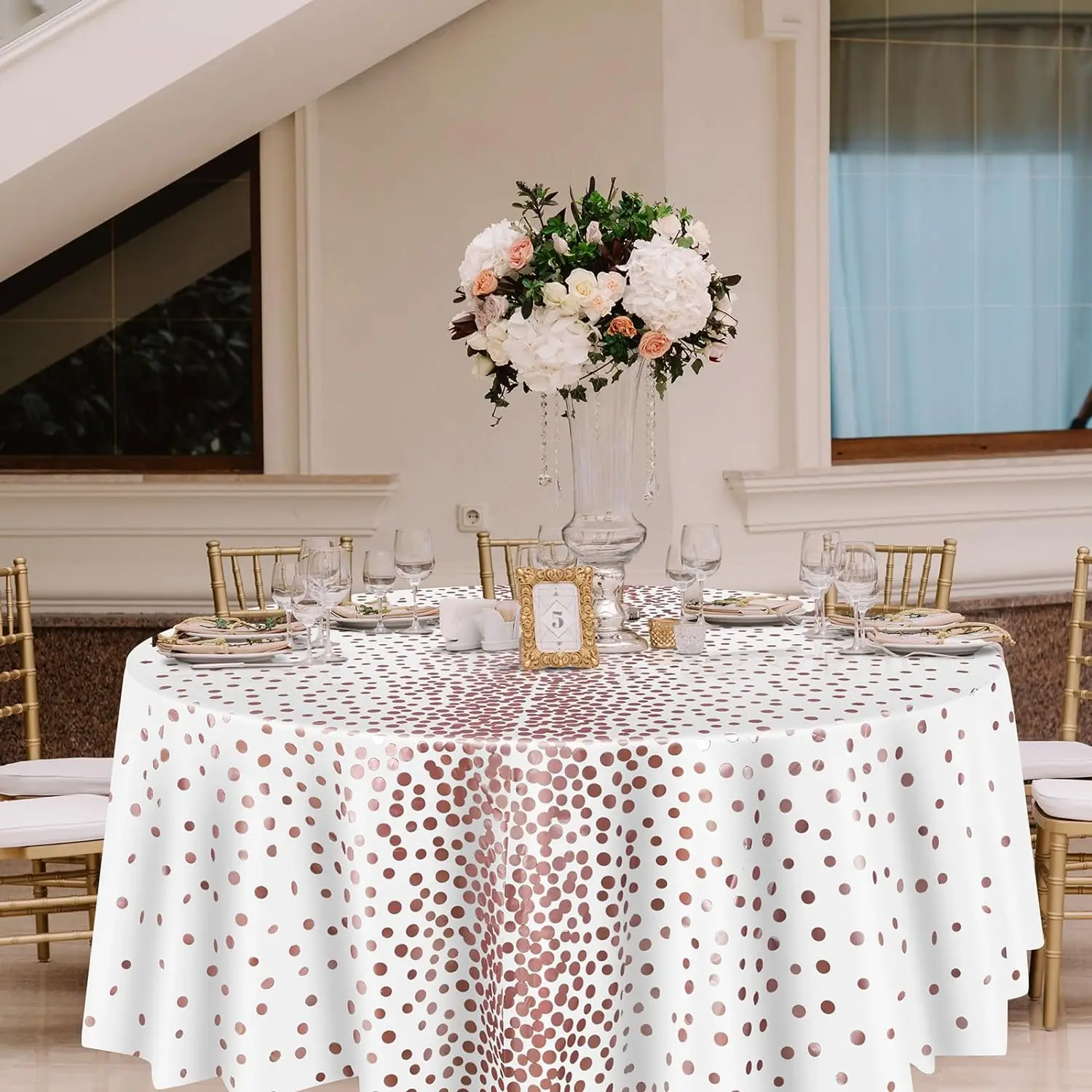 Plastic Tablecloth Waterproof Round Table Cover Gold Polka Dots Disposable for Outdoor Modern Table Decoration Printed Knitted