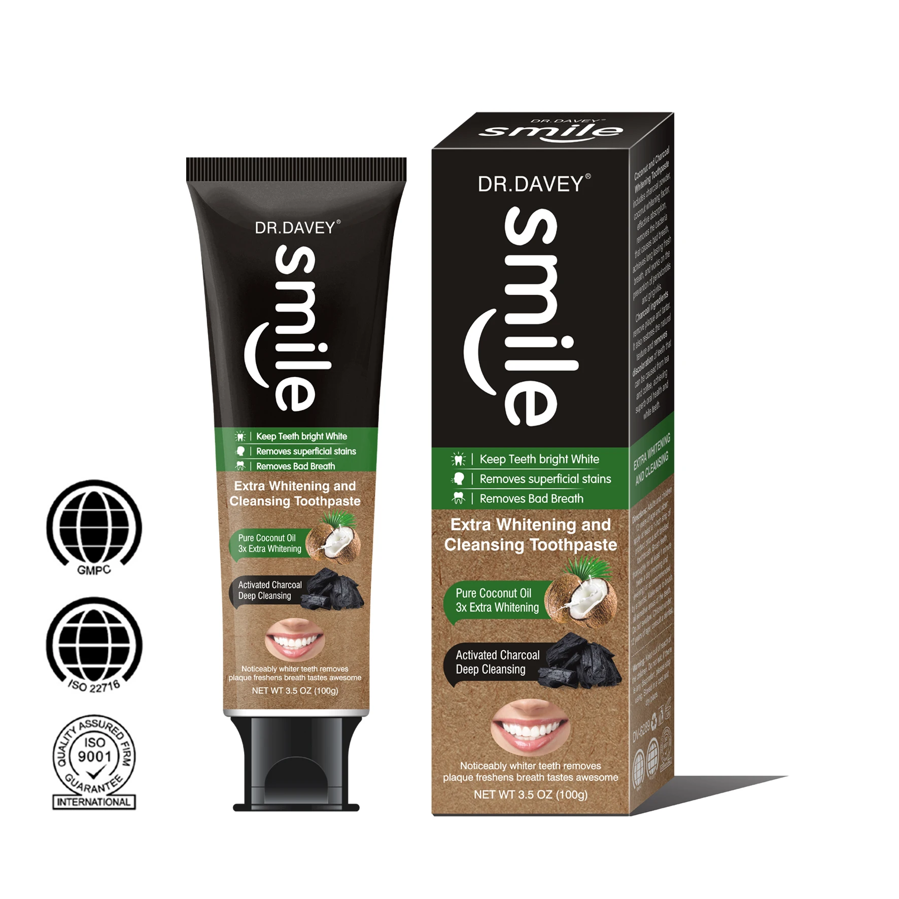 Dr.Davey Powerful Whitening Toothpaste Contains With Charcoal Coconut Oil Remove Tartar and Dentine