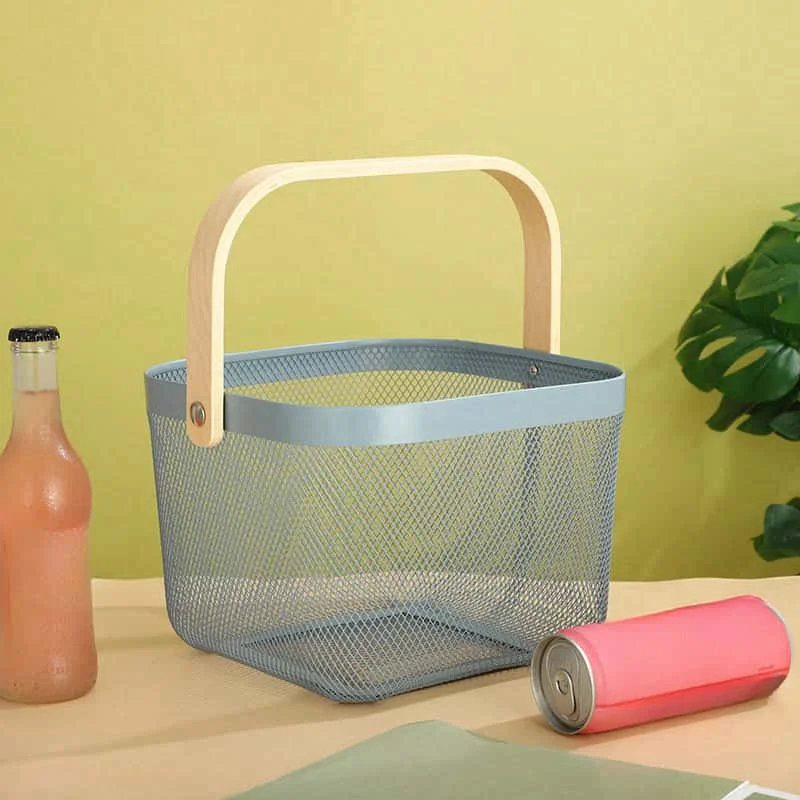 Kitchen Mesh Fruit Stand Square Metal Wire Woven Fruit Storage Bowl Basket with Wooden Handle