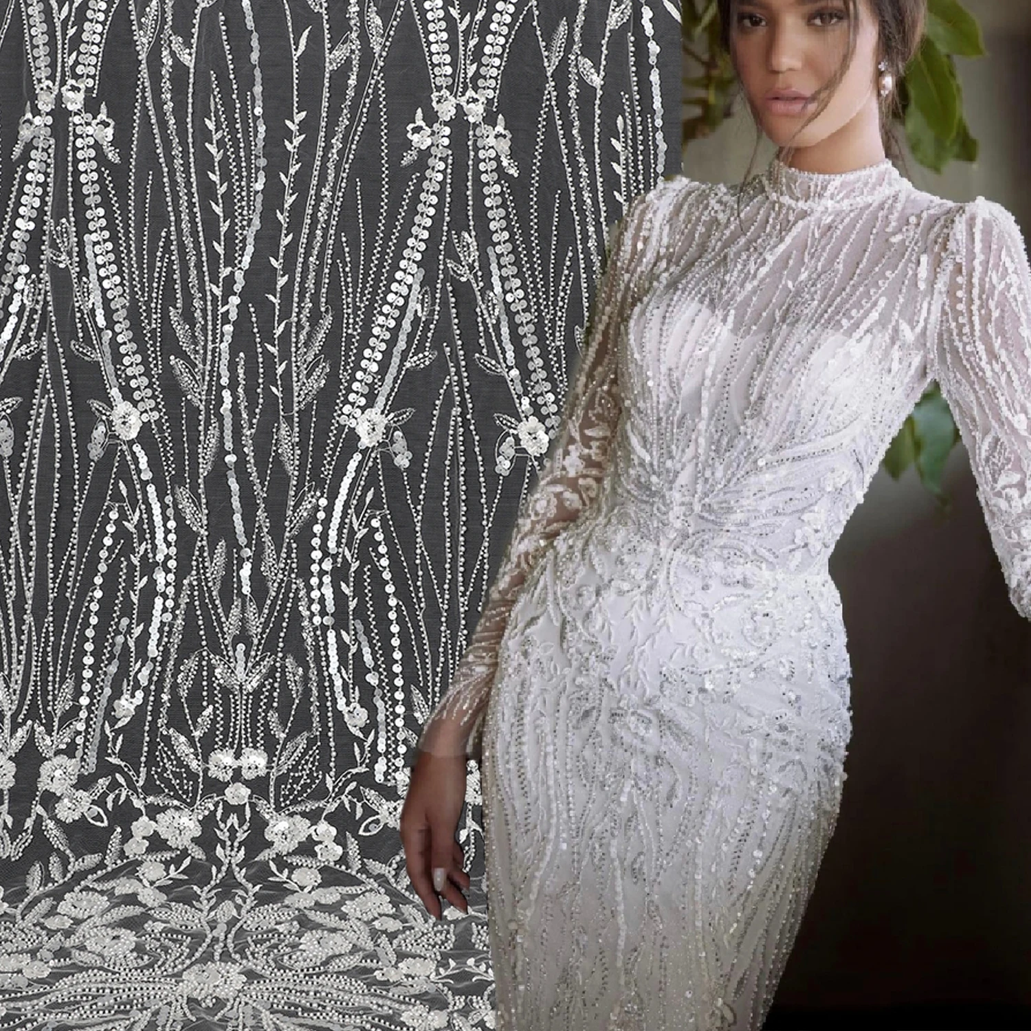 Yanzi luxury beaded bridal lace fabric white wholesale sewing material cloth net sequin mesh wedding fabric lace