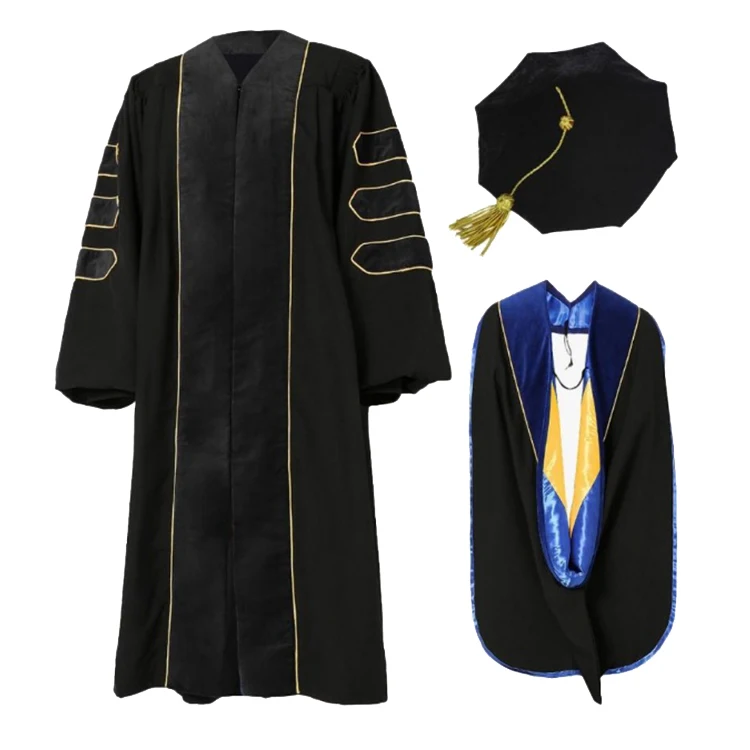 2023 Custom College University Phd Black Velvet US Deluxe Doctoral Graduation Gown with Gold Piping
