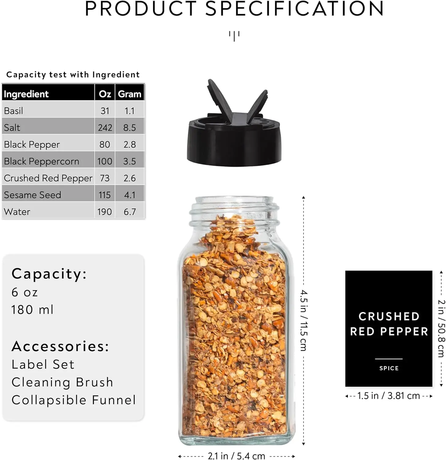 Glass Jars with Minimalist Black Spice Labels, Black Plastic Shaker Lid Dispenser White Chalk Marker Cleaning Brush and  Funnel