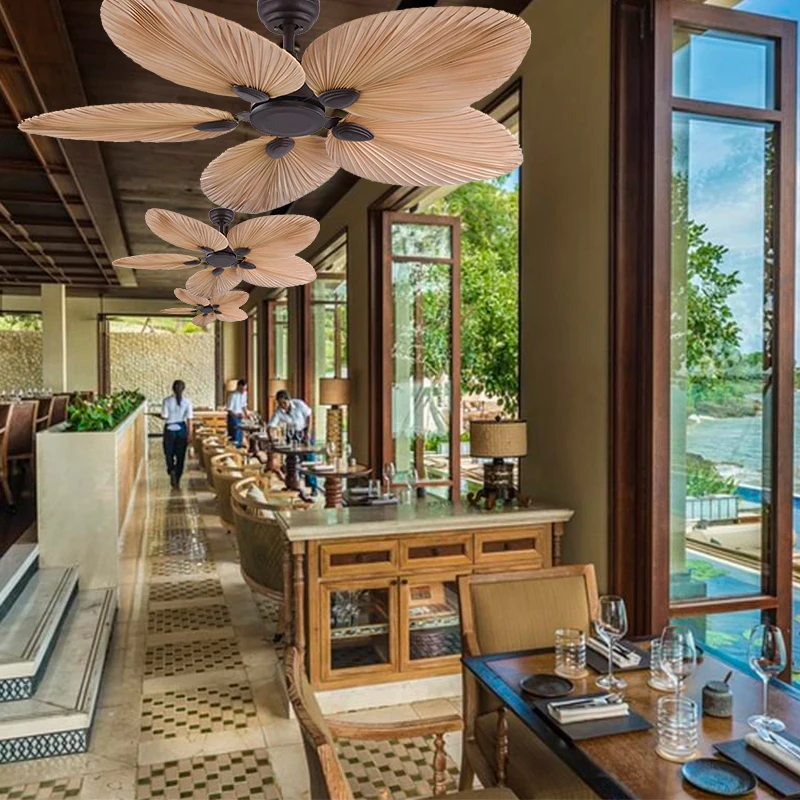 Wholesale High Quality Decorative Resort Anti Rust 52 Inch Natural Palm Blades Celling Fan with Remote Control