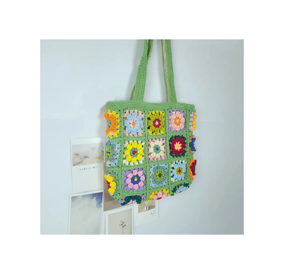 New Arrival Green Color and Flower Pattern Crochet Bags Spring Granny Square Style Bags Knitting Tote Bag