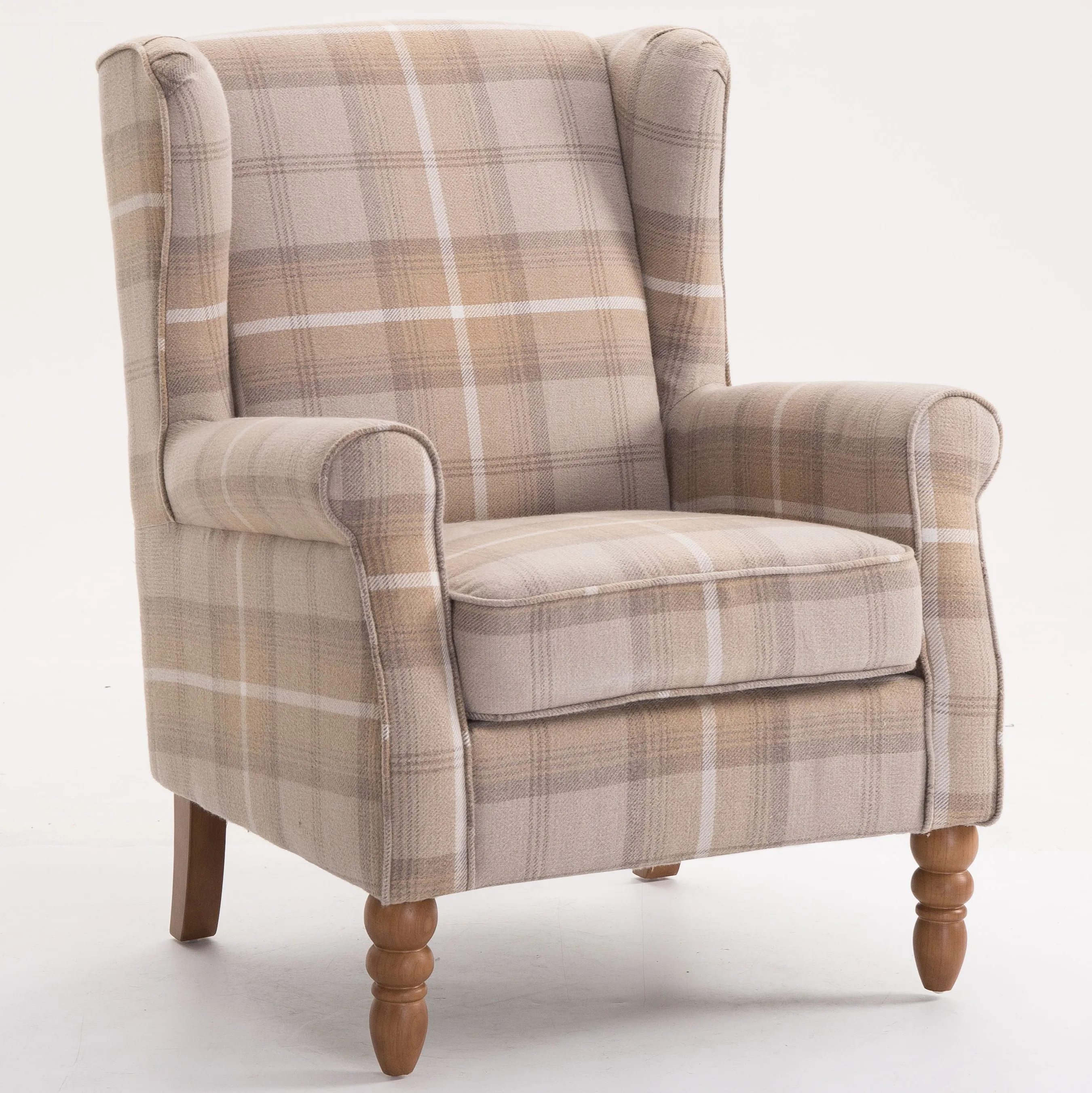 Classic Brown Fabric Upholstered Solid Wood Legs Living Room Accent Chair Armchair