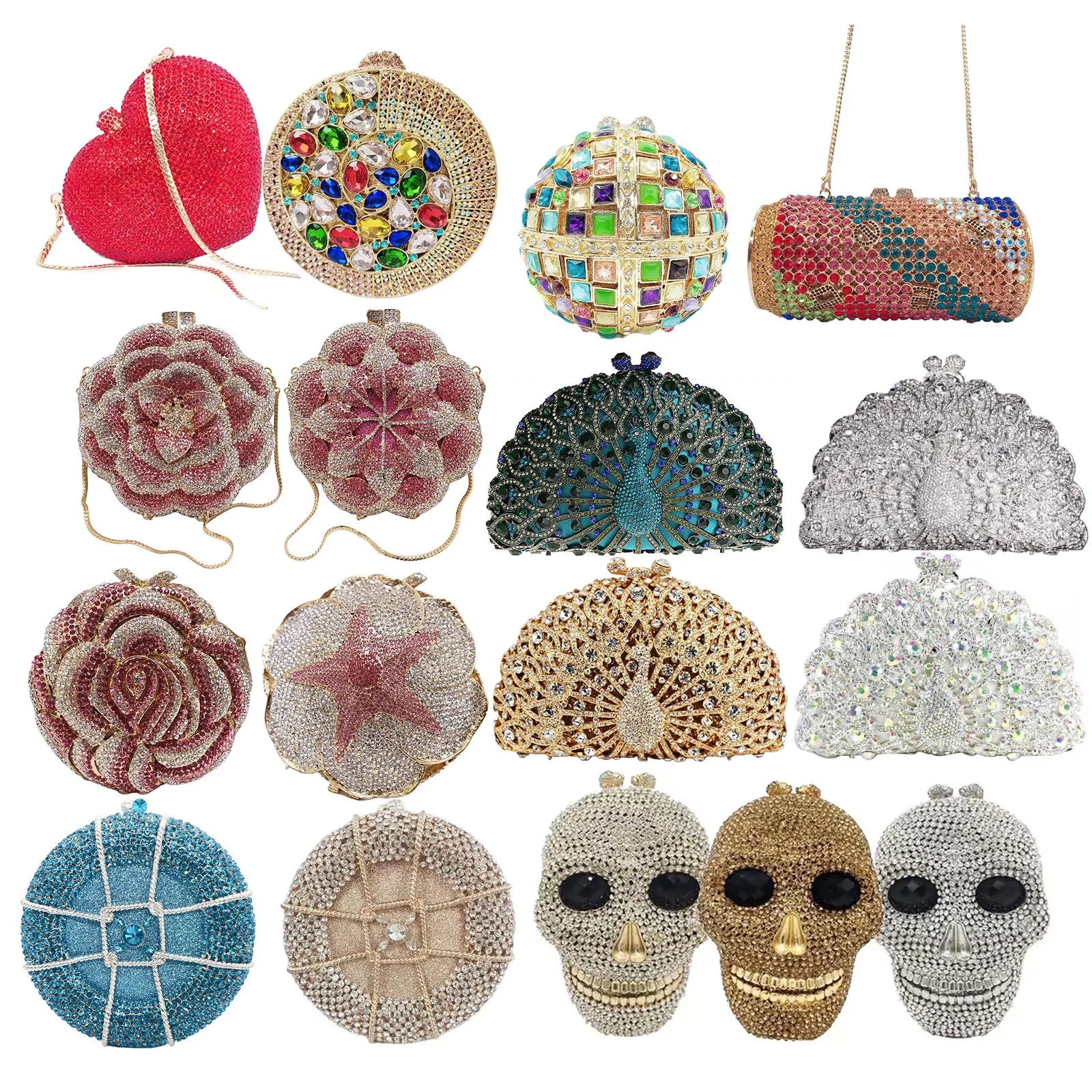 2024 Luxury Crystal Skull Lip Conch Shell Evil Eye Heart Ball Box Can Rhinestone Round Flower Shaped Women Clutch Evening Bag