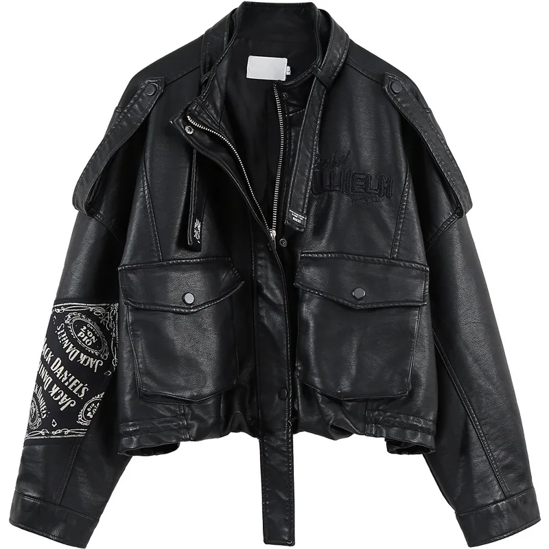 
Wholesale custom logo printed spring black long sleeve faux pu leather cropped bomber ladies women jackets with zipper 