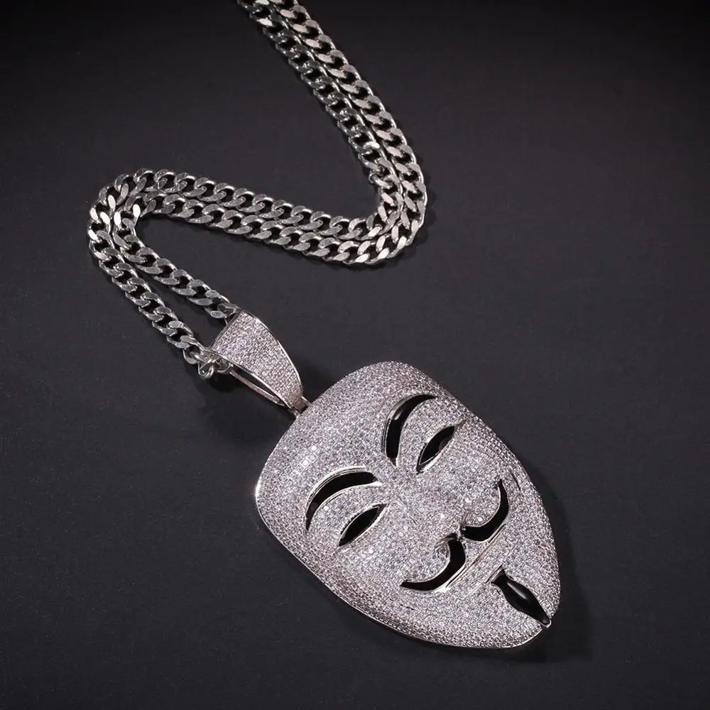 New Arrival HipHop V for Vendetta Iced Out Mask Pendant Necklace For Men