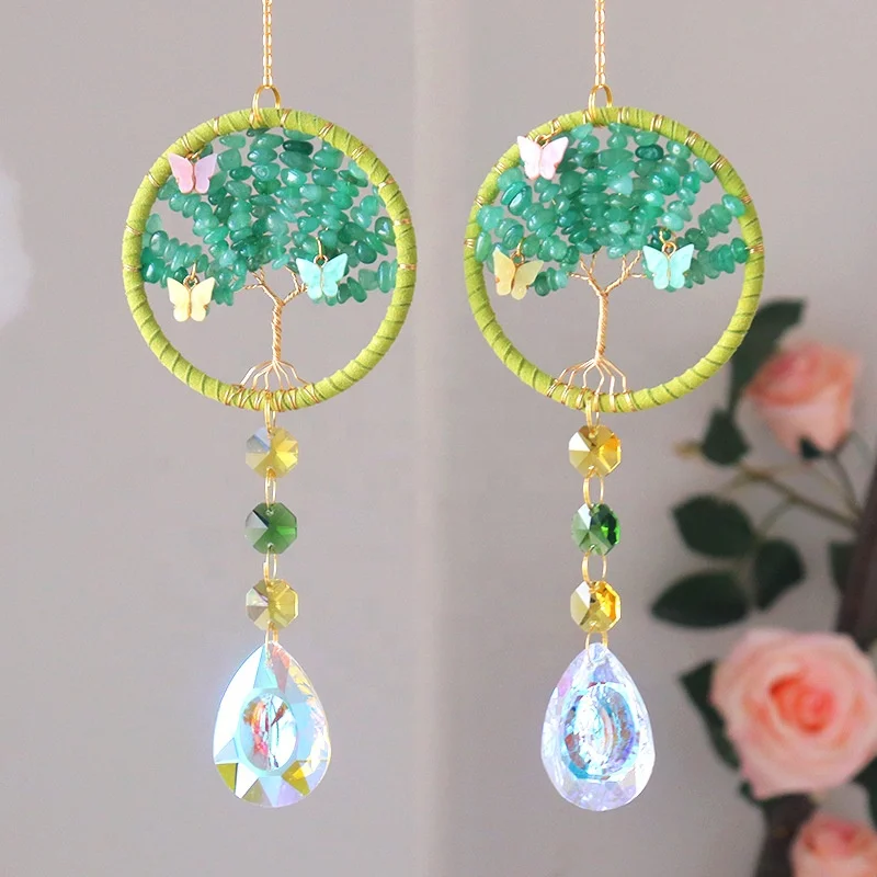 Wholesale Crystal Sun Catcher Green Aventurine Fortune Tree Life Tree Butterfly Car Decoration