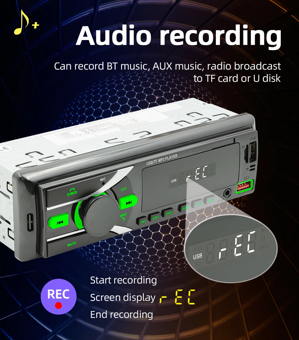 BQCC 1 din 12V Car Radio AUX-in BT FM Receiver AI Voice Autoradio APP Locate Variable Lights Car MP3 Music Playback  D3107