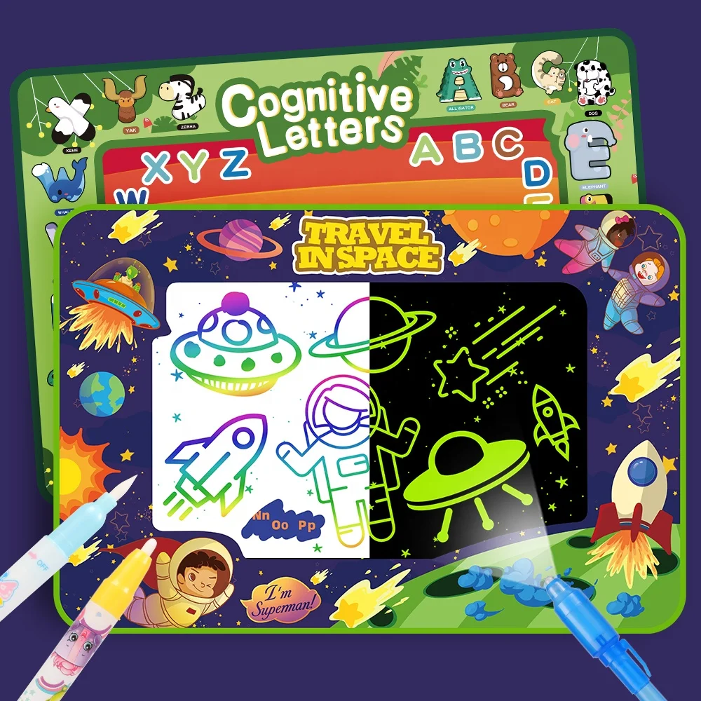 Letters Learning Kids Creative Water Drawing Mats Reusable Aqua Magic Water Doodle Mat Luminous Glowing Drawing Mat for Kids