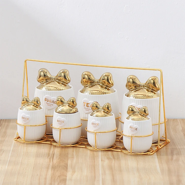 Modern Luxury 7PCS Pink Blue Ceramic Airtight Caniset Set Kitchen Sugar Coffee Spice Storage Jar with Golden Rack