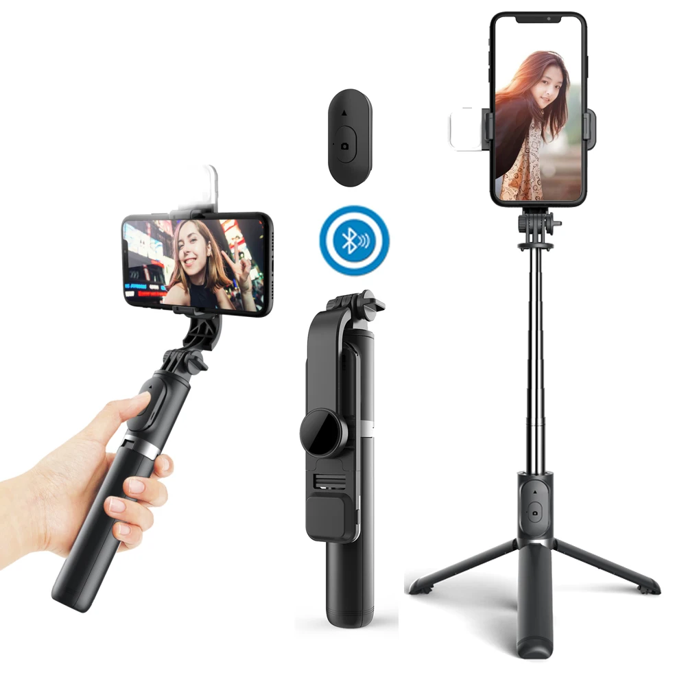 Hot sale Extend 1045mm Q02S with Warm Cold LED Fill Light 3 in1 360 Rotation Wireless flexible Tripod Selfie Stick