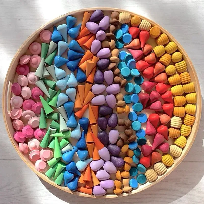 Лидер продаж Amazon, детские деревянные разноцветные радужные мини-блоки «сделай сам», игрушечные грибы, сотовые капли, конусы деревьев, деревянное здание