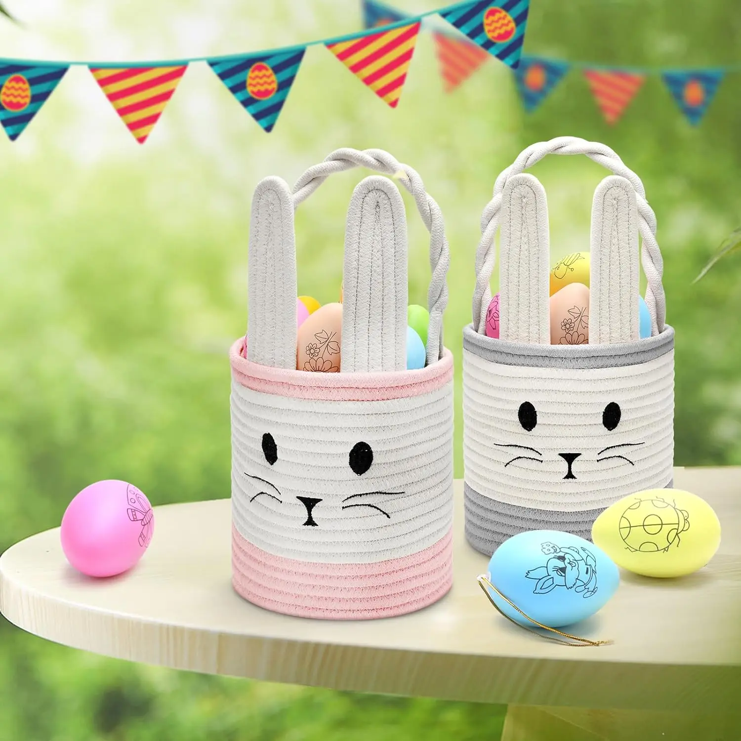 Hot-Sale Products Cute Bunny Ear Design Multi-Color Easter Gift Baskets Handwoven Cotton Rope Storage Baskets With Handles