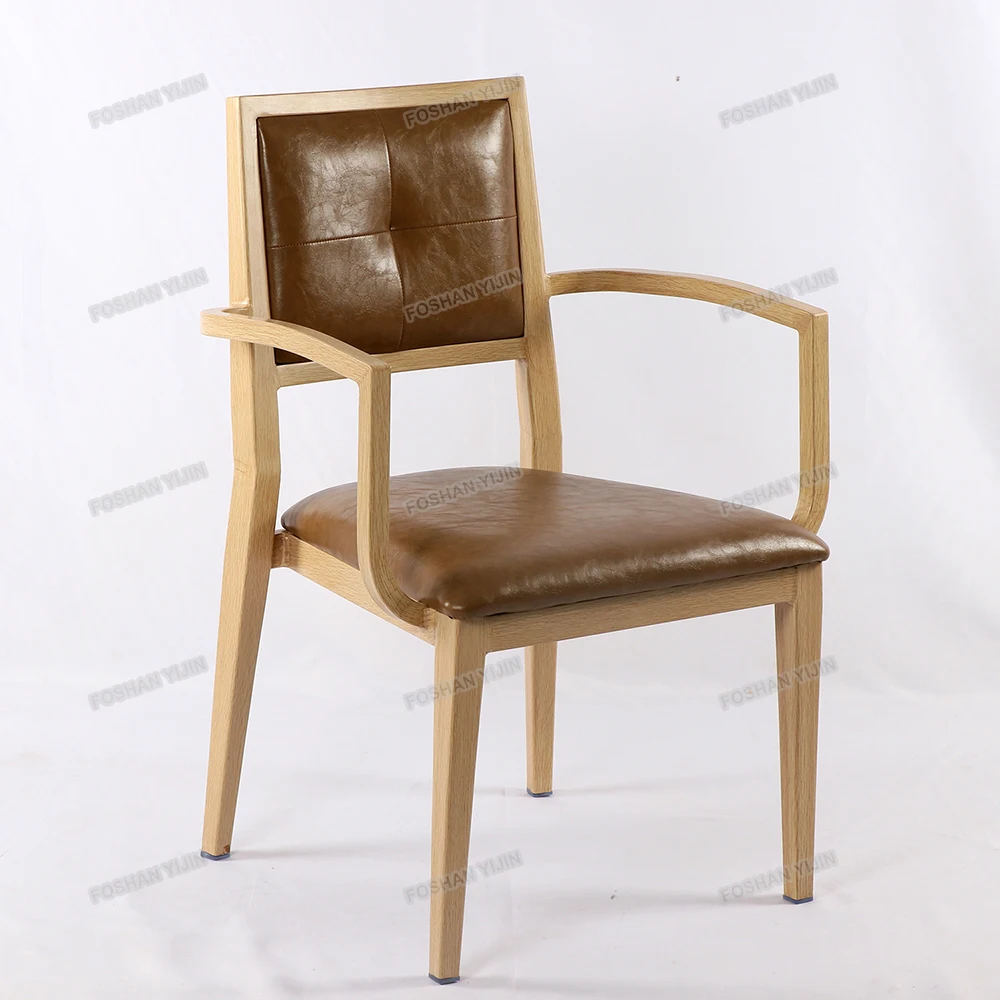 Upholstered wood grain aluminum padded hotel restaurant  banquet chair with arms