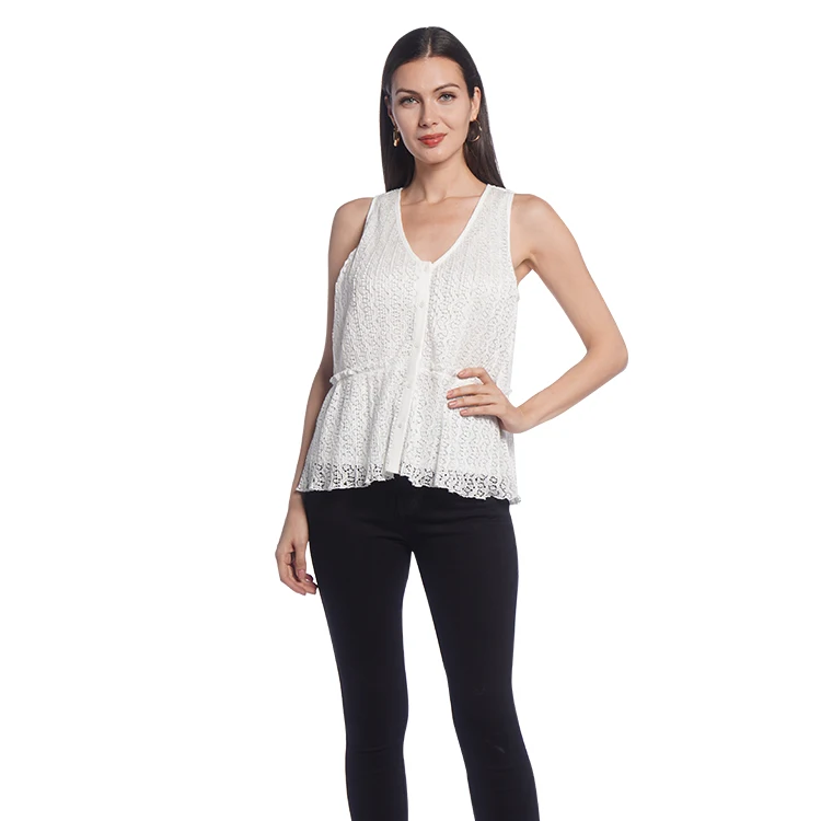 
Casual top women summer 2021 pleated lace fabric contrast placket at cf babylock hem 