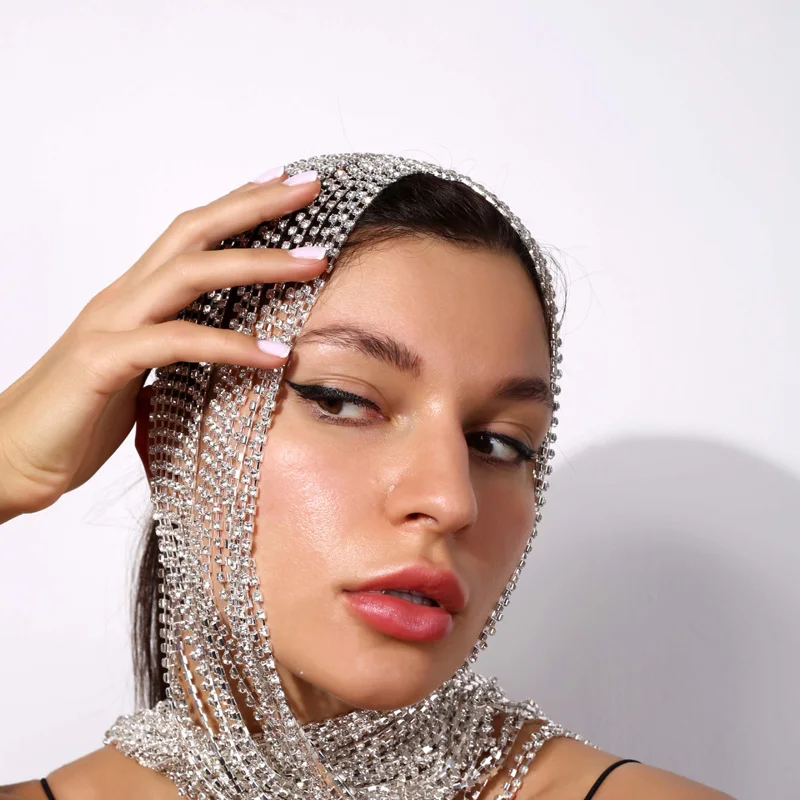  New Fashion Women Hair Chain Rhinestone Headband Super Long Tassel Crystal Cover Head