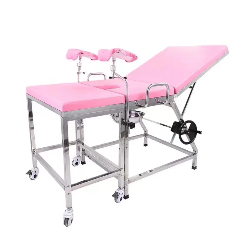 stainless steel gynecological manual delivery bed 4 legs 8 legs OEM hospital medical obstetric bed pink black with wheels