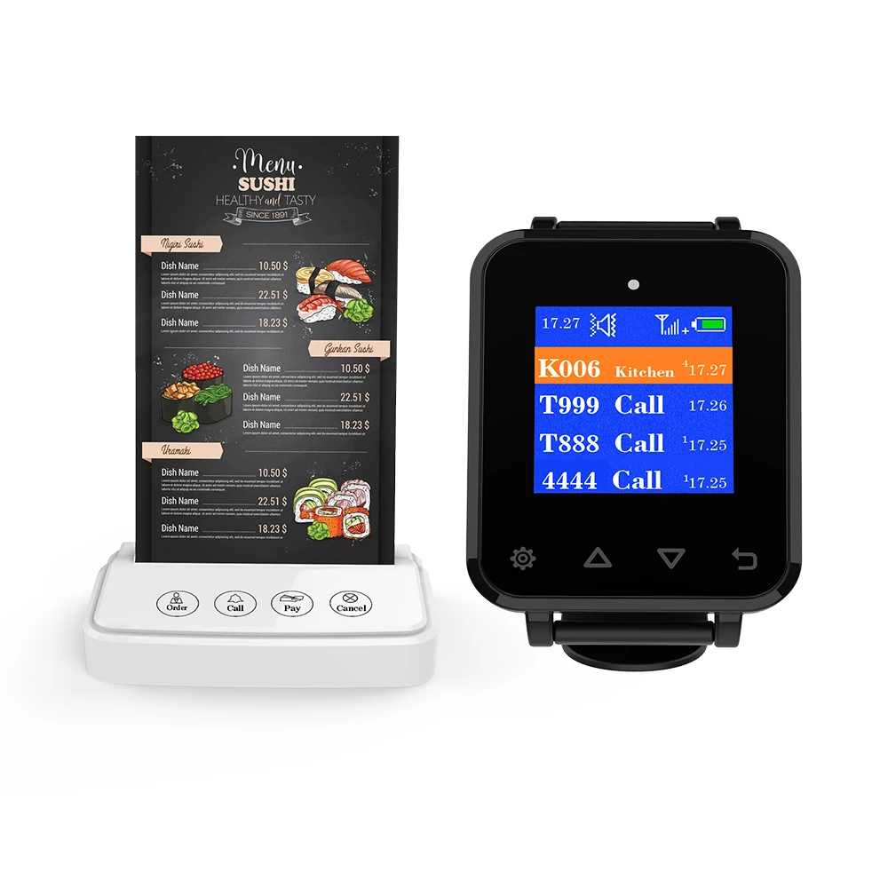 Artom Wireless menu stand call system with waterproof watch receiver set in different language