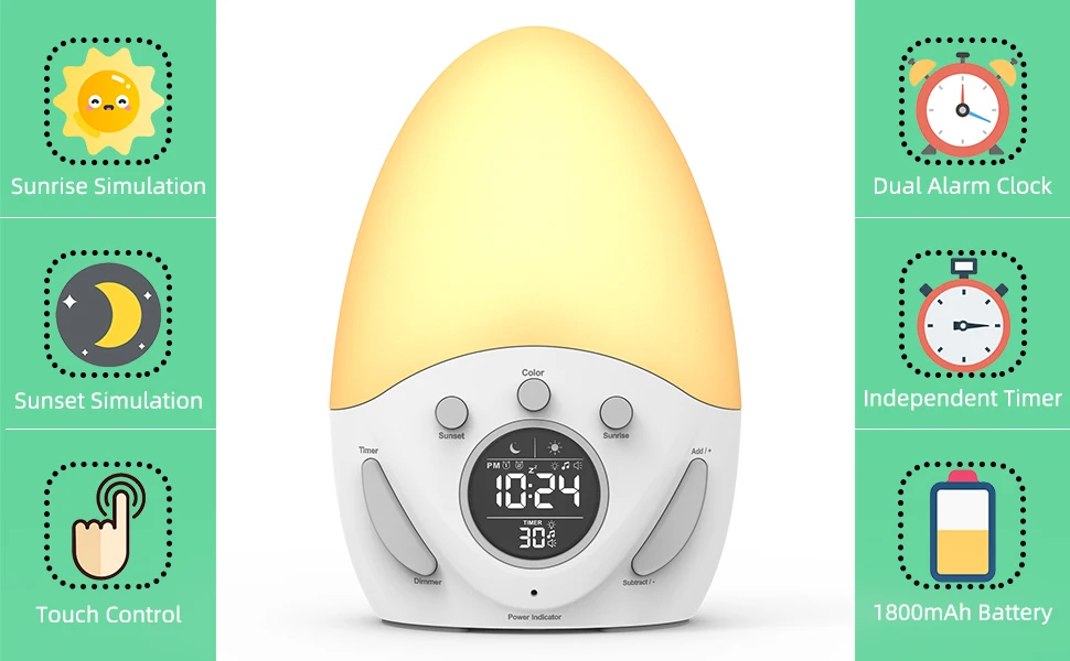 В wake-up light будильник регулируемый в 5 видов цветов восход солнца и заходу солнца. Не Нужен USB также может быть использован легко носить с