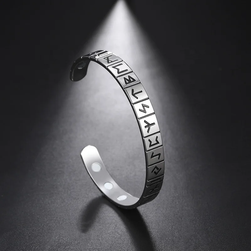 24 Rune Letters Magnetic Health Bangle Adjustable Viking Amulet Vintage Stainless Steel Jewelry Bangle Gifts