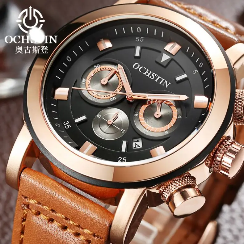 OCHSTIN 064 top 10 brands China mens clock nice Genuine Leather Strap 24 hour Chronograph Waterproof Casual reloj watch