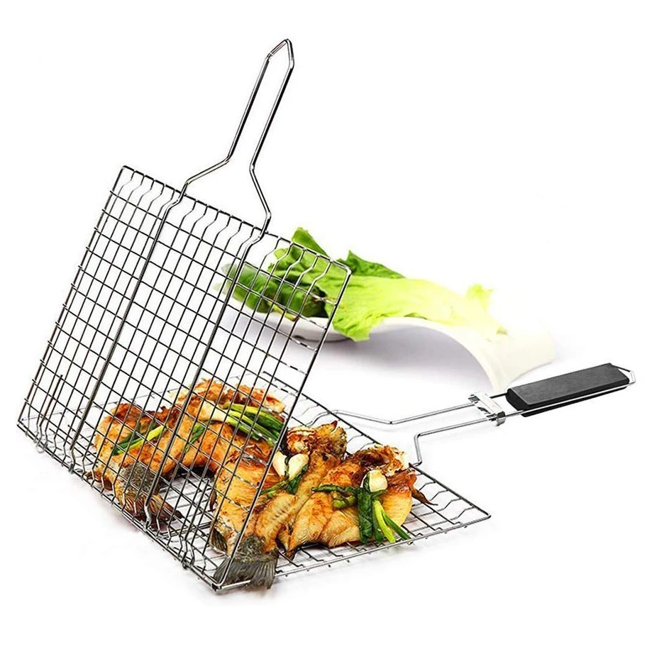 Amazon Hot Sale Portable 430 Stainless Steel Vegetable BBQ Grilling Basket with Removable Wooden Handle