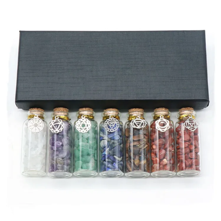 High quality natural crystal gravel set seven colors yoga stones  seven chakra wishing bottle symbol style