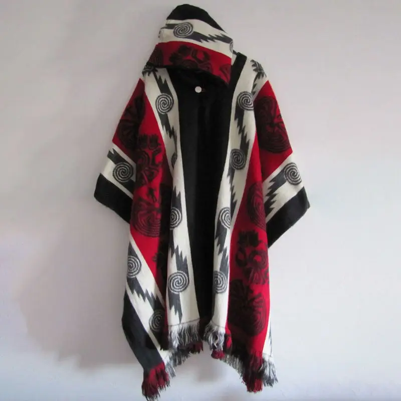 Tribal Native American Hoodie Custom Hooded Poncho Pullover Unisex Aztec Wool Poncho Fringed Southwestern Print Hooded Poncho