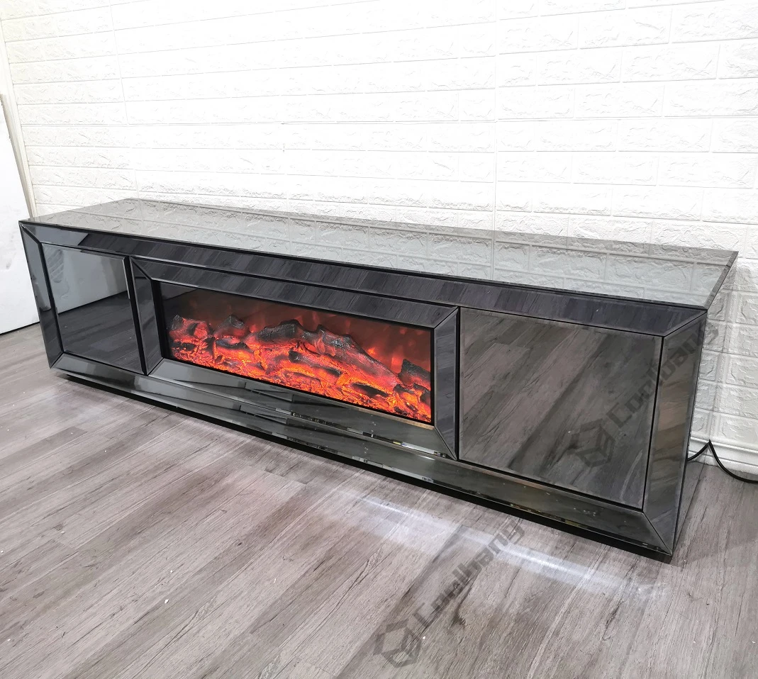 Large Mirrored Furniture Smoke Grey Glass TV Stand with Electric Fireplace