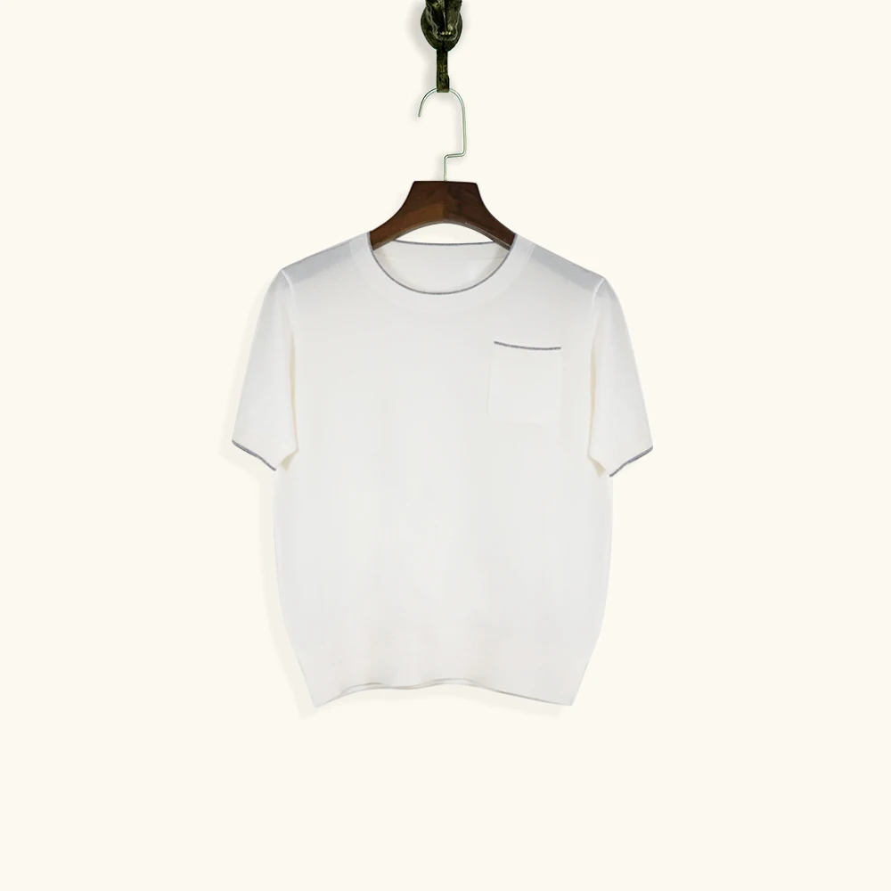 
2021 Korean Fashion Plain Summer Tencel Black and White for cos Short Sleeve Ladies Knitted Sweater 