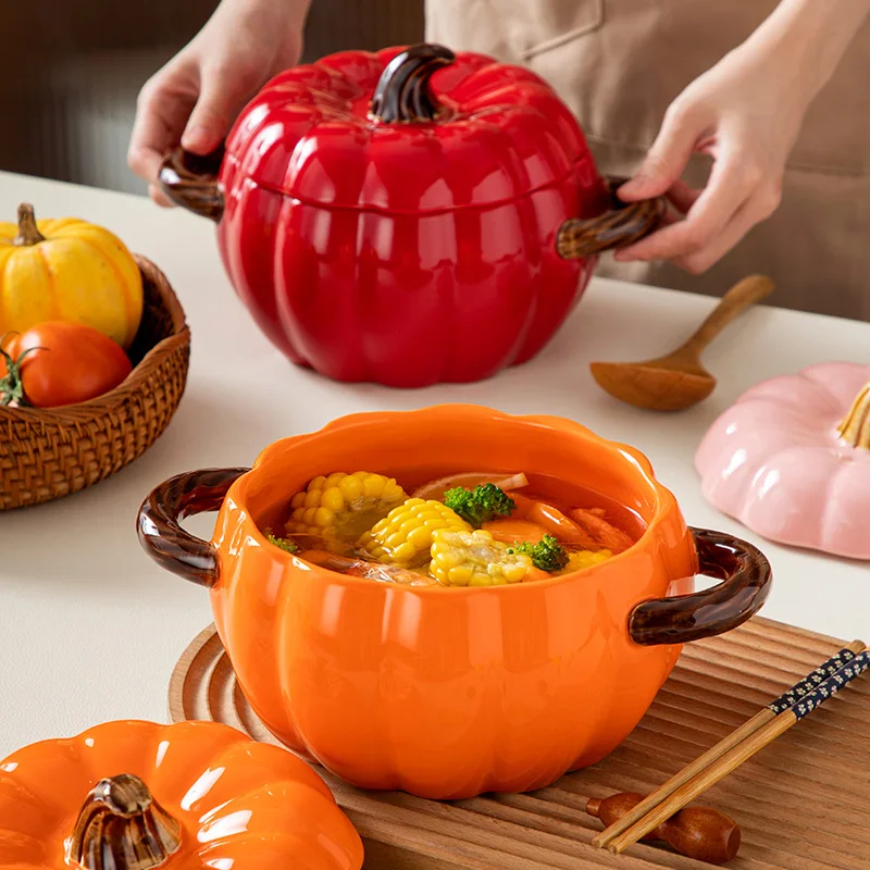 New Creative Pumpkin Shape Ceramic Soup Pot Household Large Capacity Double Ear Soup Bowl with Lid