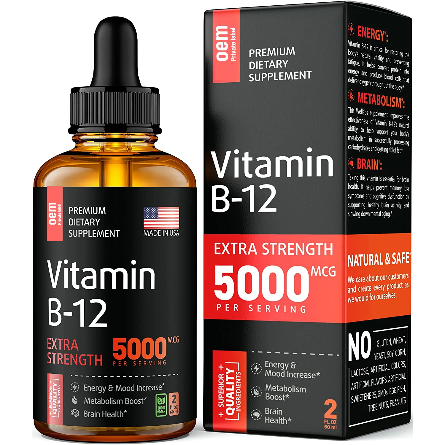 OEM Vitamin B-12 Extra Strength 5000per Serving Increase Metabolism boost Brain Health B12 Drops Healthcare Supplement