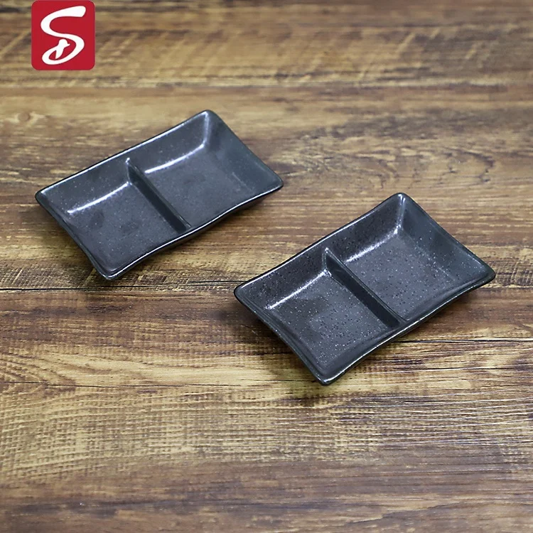 Ceramic Appetizer Serving Tray Divided Serving Platter Chips Dip Sauce Dishes 2 Compartment Snacks Dishes Tray for Spices Black