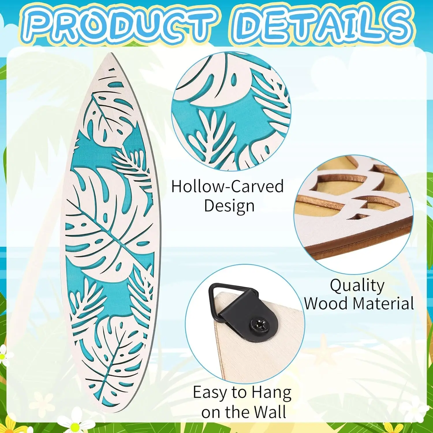 Wooden Beach Decor Summer Surfboard Wall Hanging Sign Tropical Hibiscus Sea Turtle Wood Signs for Bedroom Living Room Decor