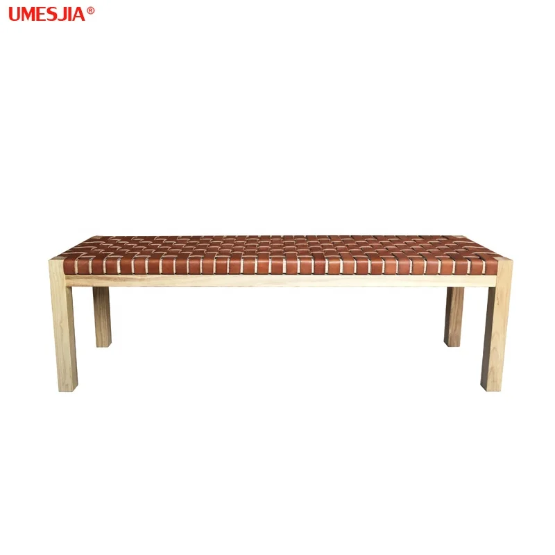 Vintage country style Ash solid wood benchs woven genuine leather Brown black Rectangular wood stool Livingroom Furniture