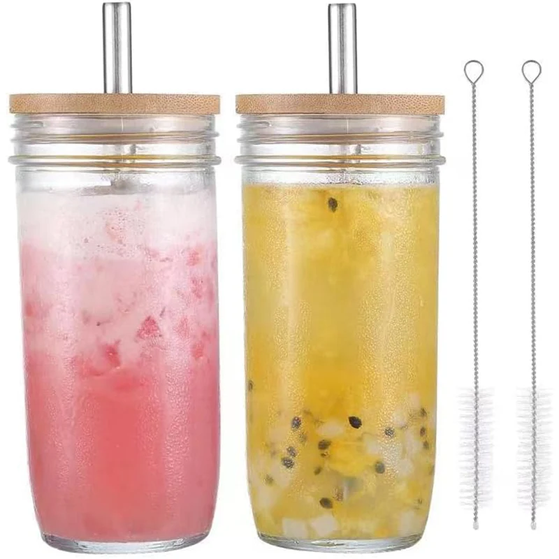 16oz 24oz Glass Mugs With Bamboo Lids and Glass Straw Cute Boba Glass Drinking Reusable Travel Tumblers for Iced Coffee