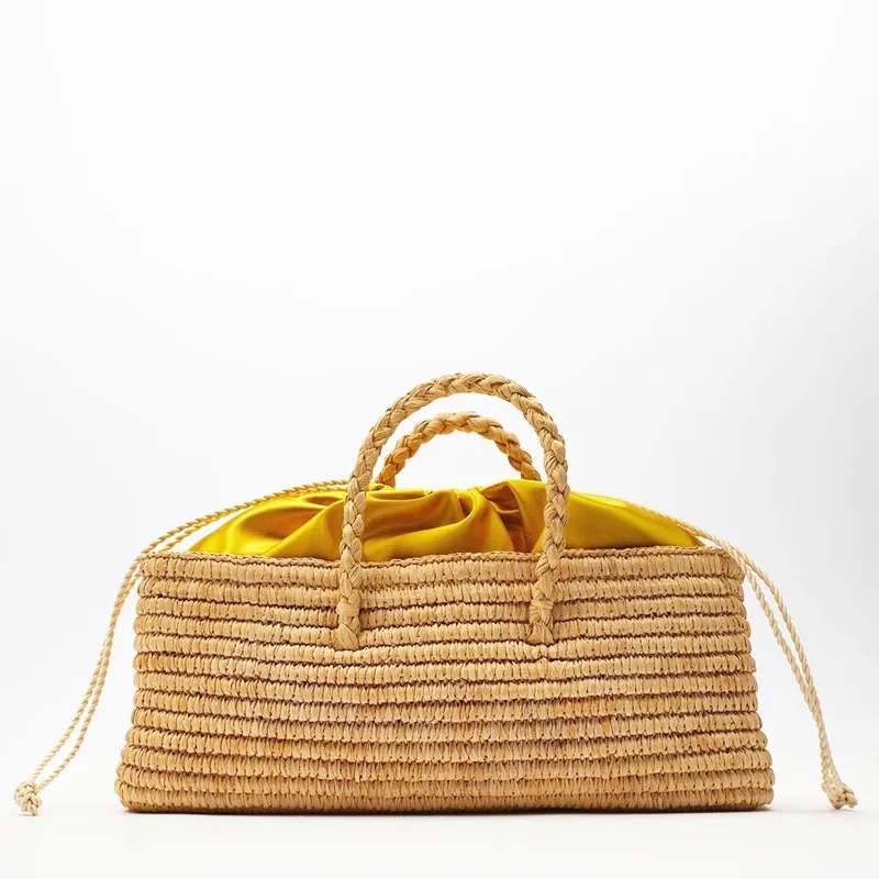 Handmade Crocheted Rough Raffia Braid Round Straw Raffia Tote Bag With Raffia Straps With Coton Lining Straw Bag