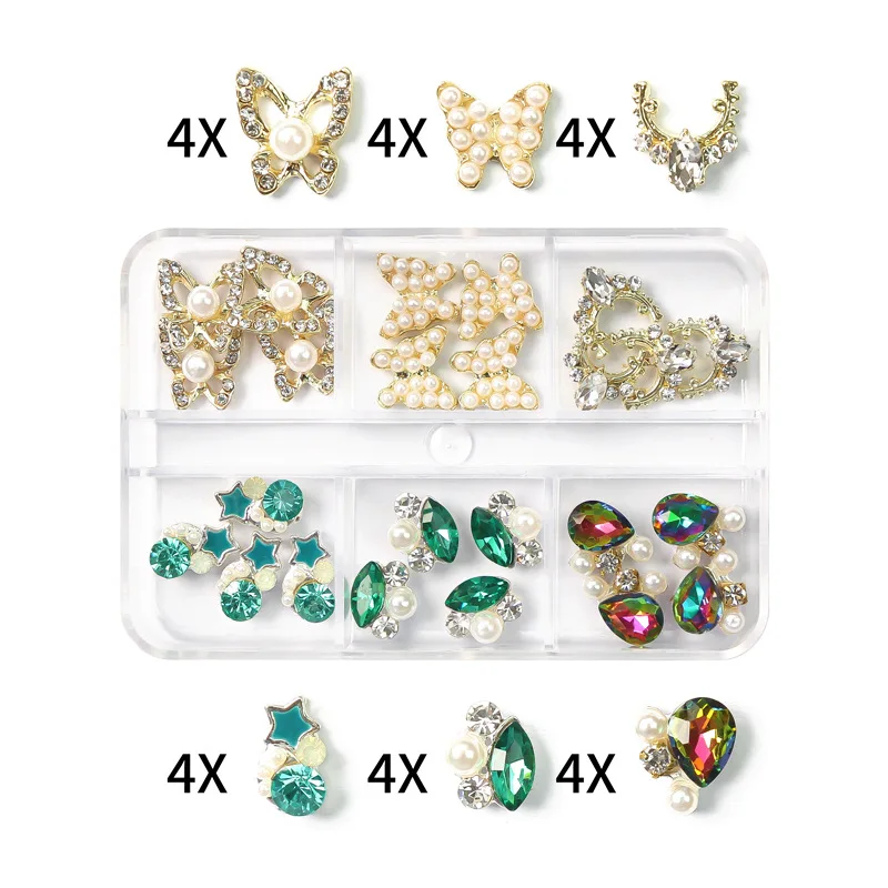 6 Grids mixed bowknot butterfly shapes boxed pearl metal alloy diamond rhinestone crystal stone DIY nail art jewelry set