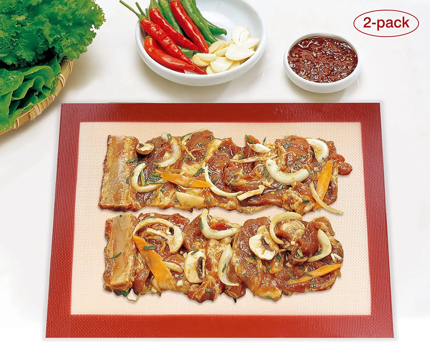 Set of 2 Pack Silicon Baking Mat for Pastry, Premium Large Silicone Baking Mat, Non-toxic High Temperature Proof, Red Edge